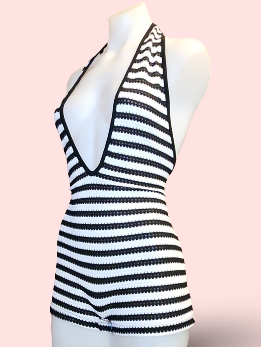 Black White Striped Halter Backless One Piece Swimsuit OG Barbiecore Mod Baddie